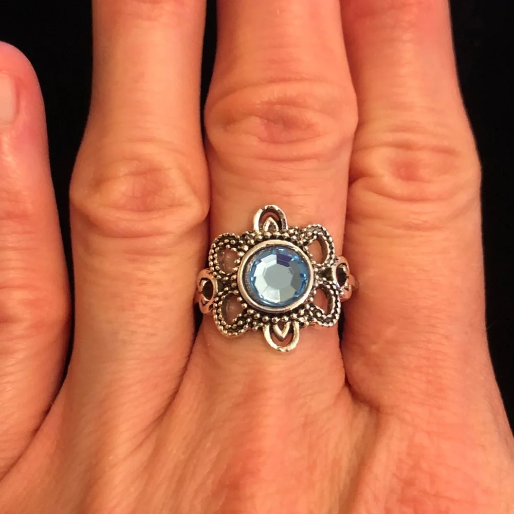 Silver Tone Ring with Blue Faux Gemstone Fashion Jewelry